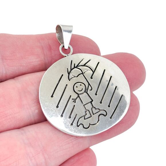 Vintage Mexico Sterling Silver 925 Round Disk Rainy Day Child Pendant - Picture 1 of 8